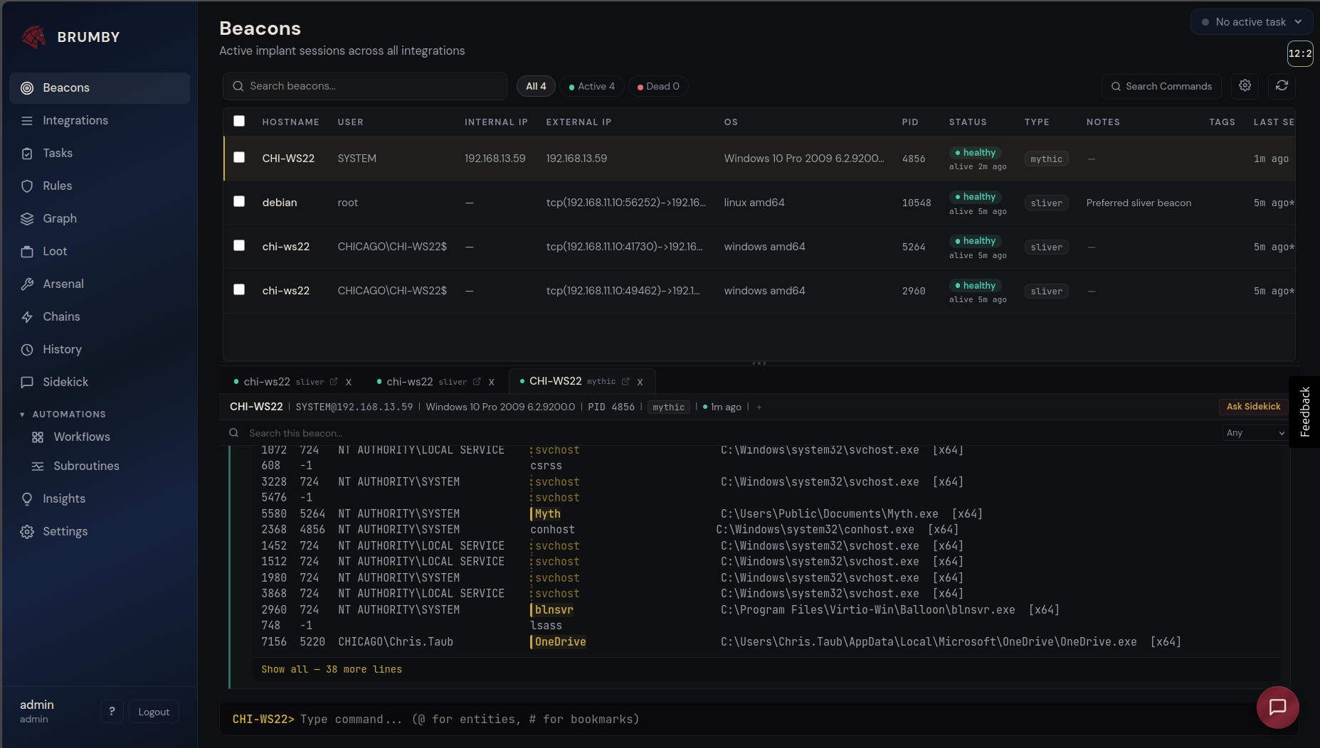 Brumby Beacon Interact view showing process listing with vanilla and novel entity classification across Mythic and Sliver beacons