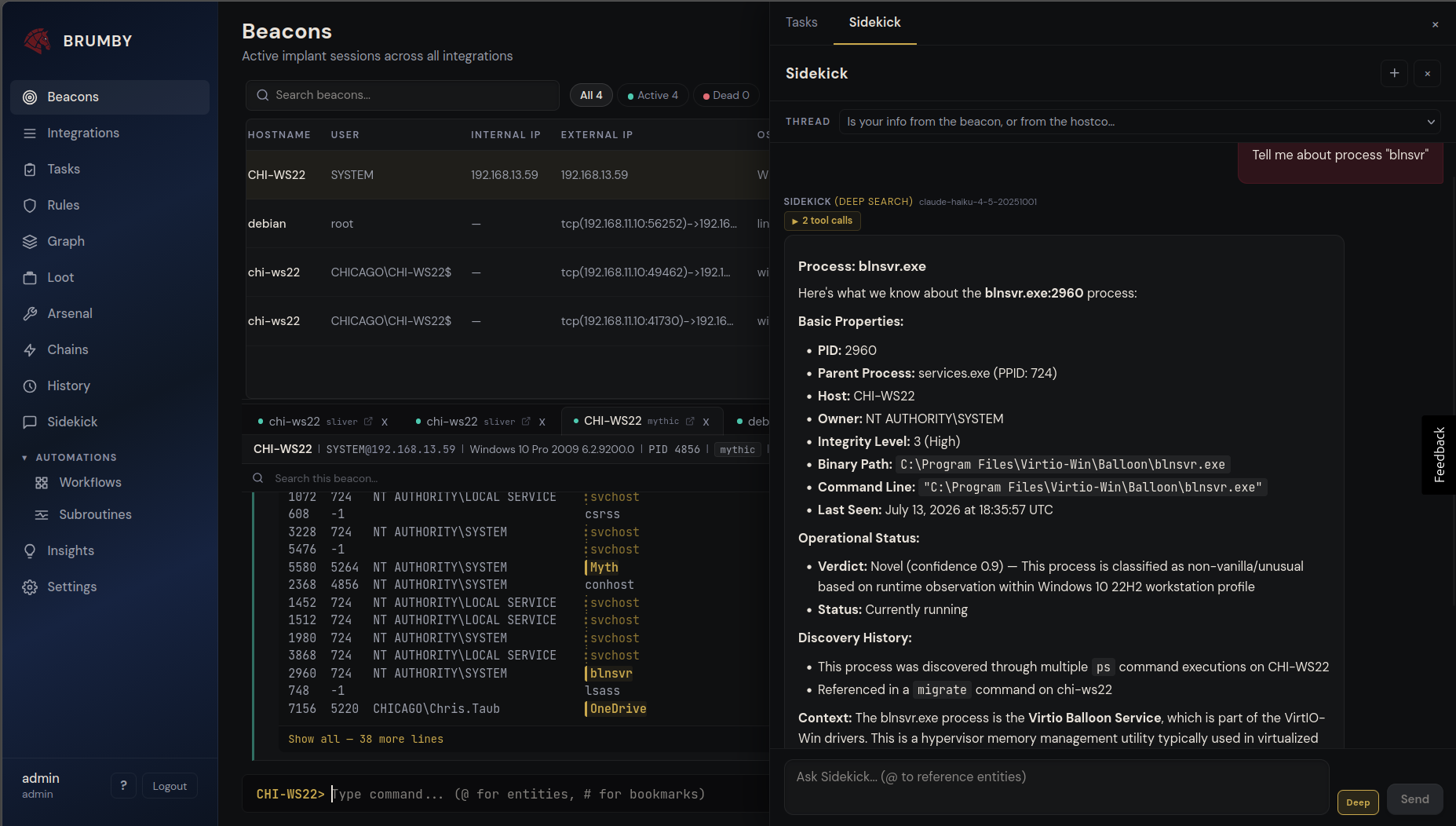 Brumby Sidekick performing deep search on a novel process, showing PID, binary path, novel verdict with confidence score, and contextual explanation